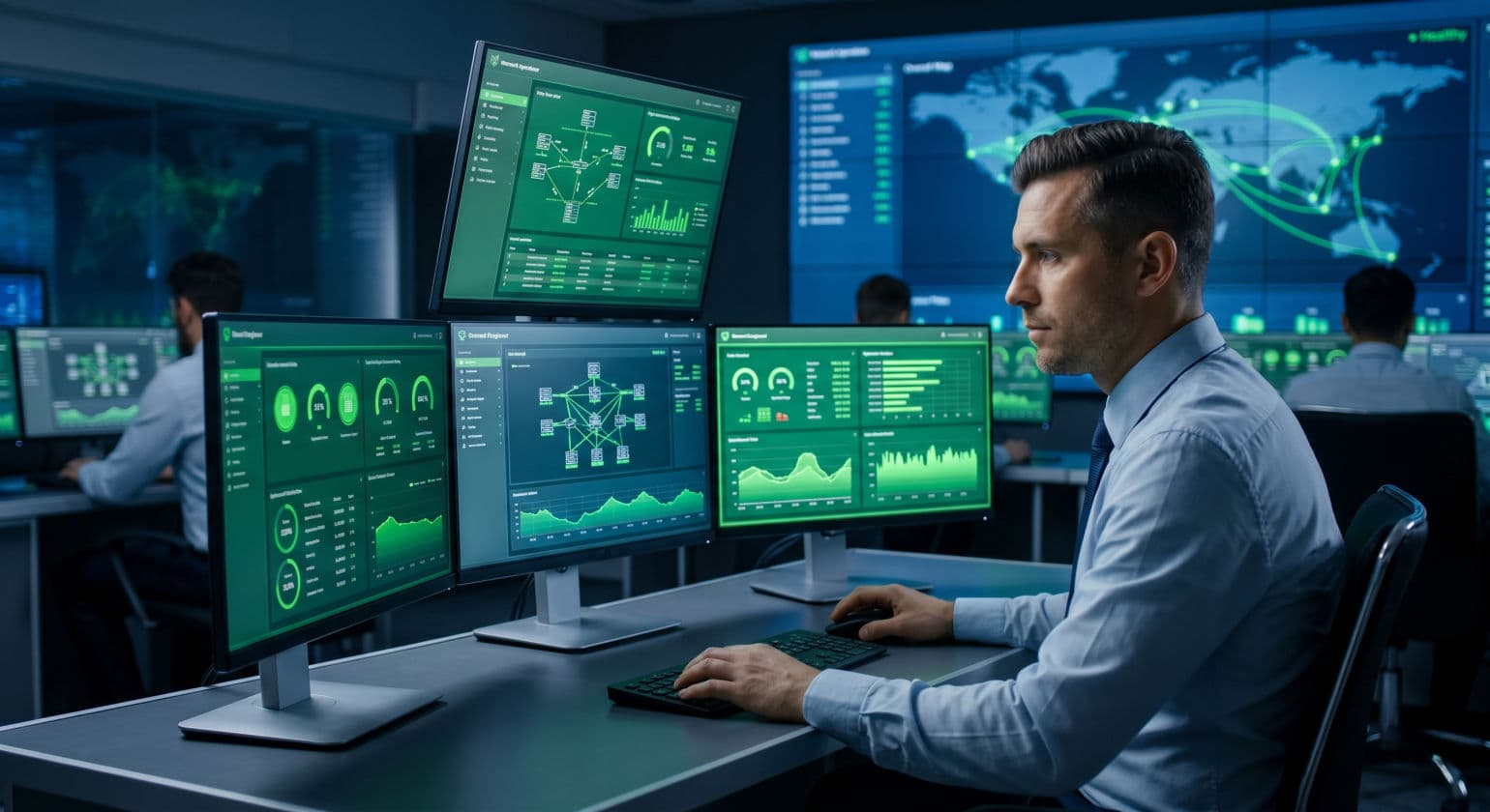 IT engineer monitoring healthy network infrastructure dashboards