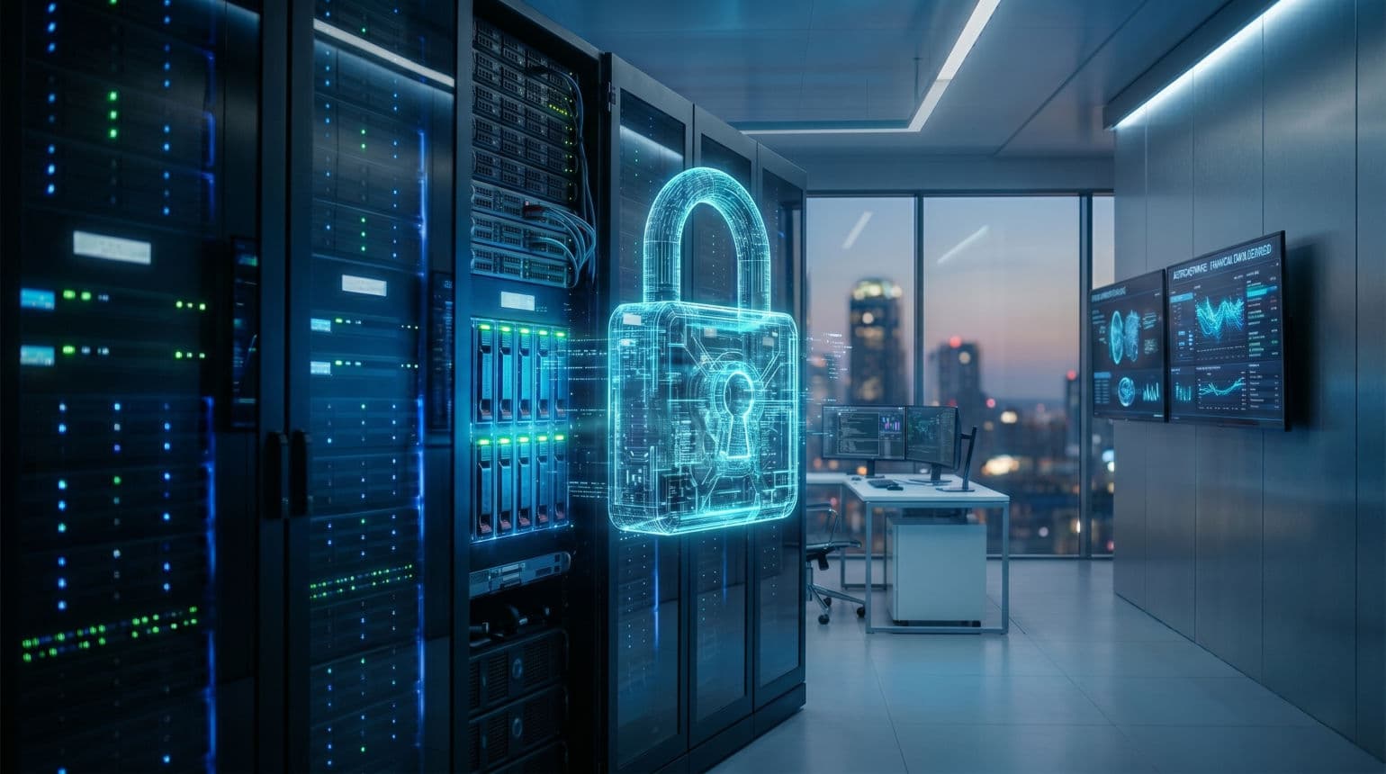 Holographic padlock securing an advanced server room