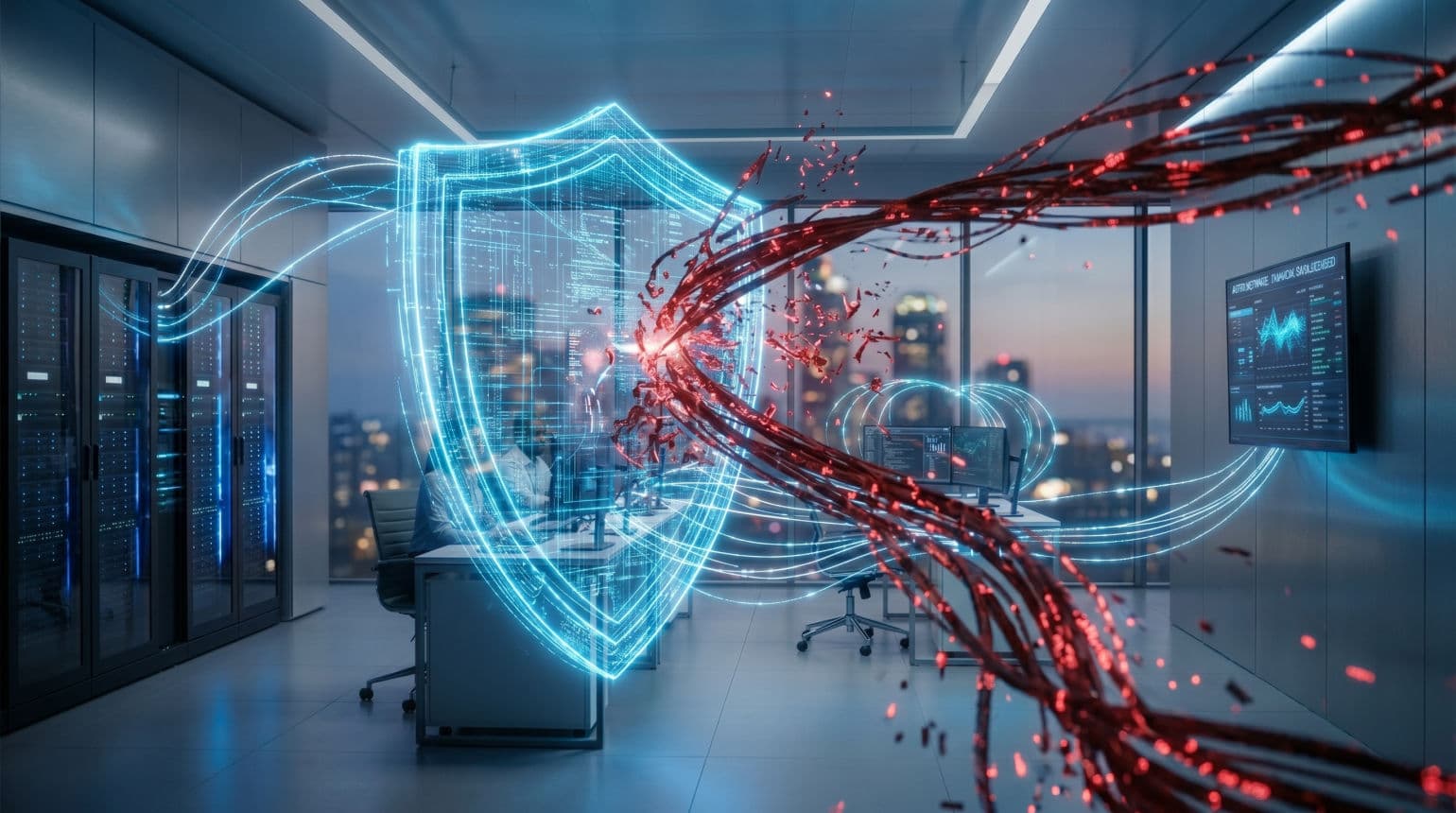 Glowing digital shield deflecting abstract cyber threats