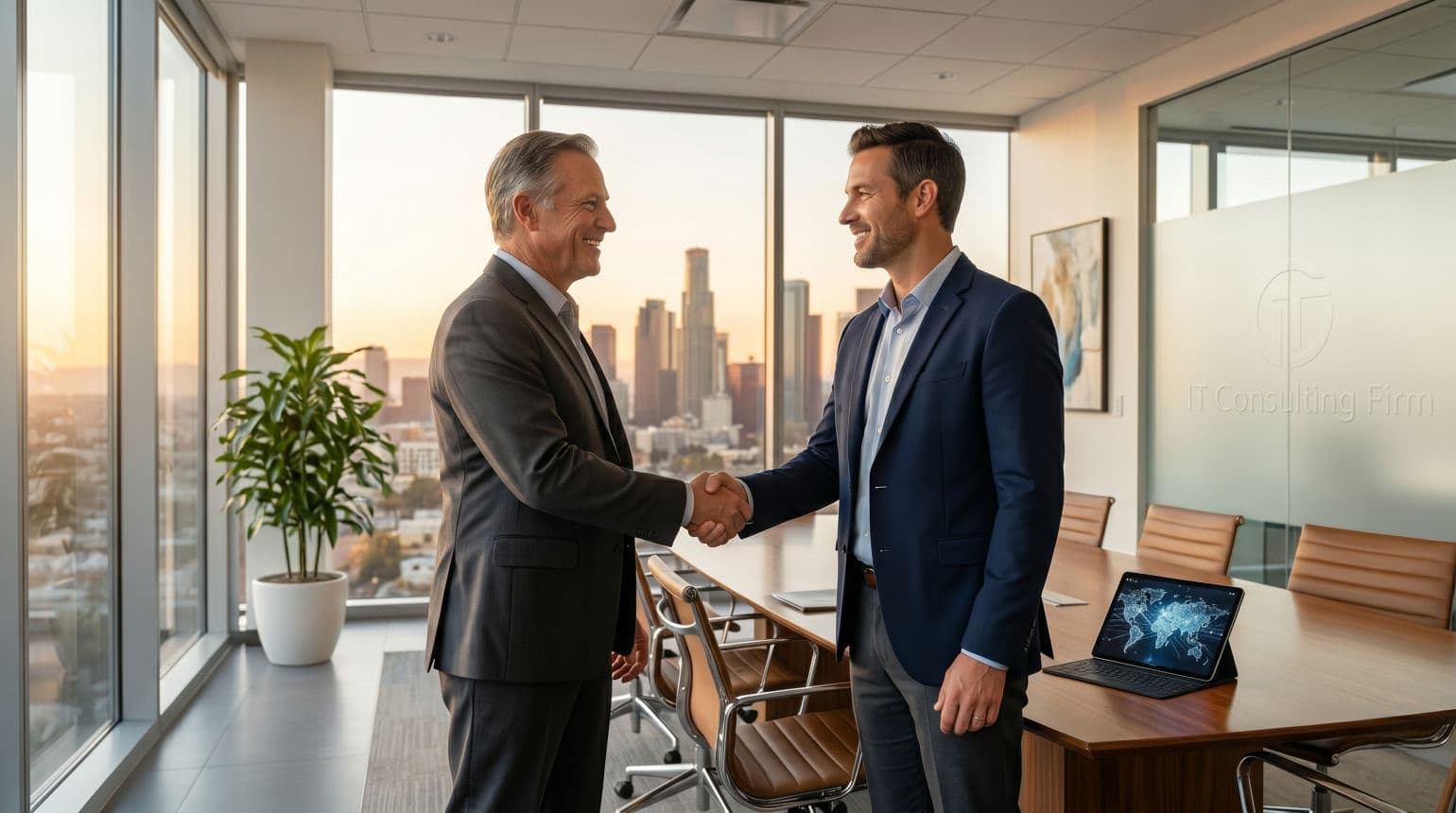 Business owner and IT consultant shaking hands