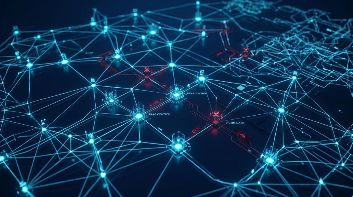 Complex digital ransomware network map.