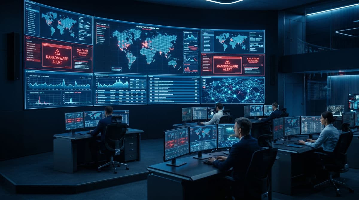 High-tech Security Operations Center dashboard.
