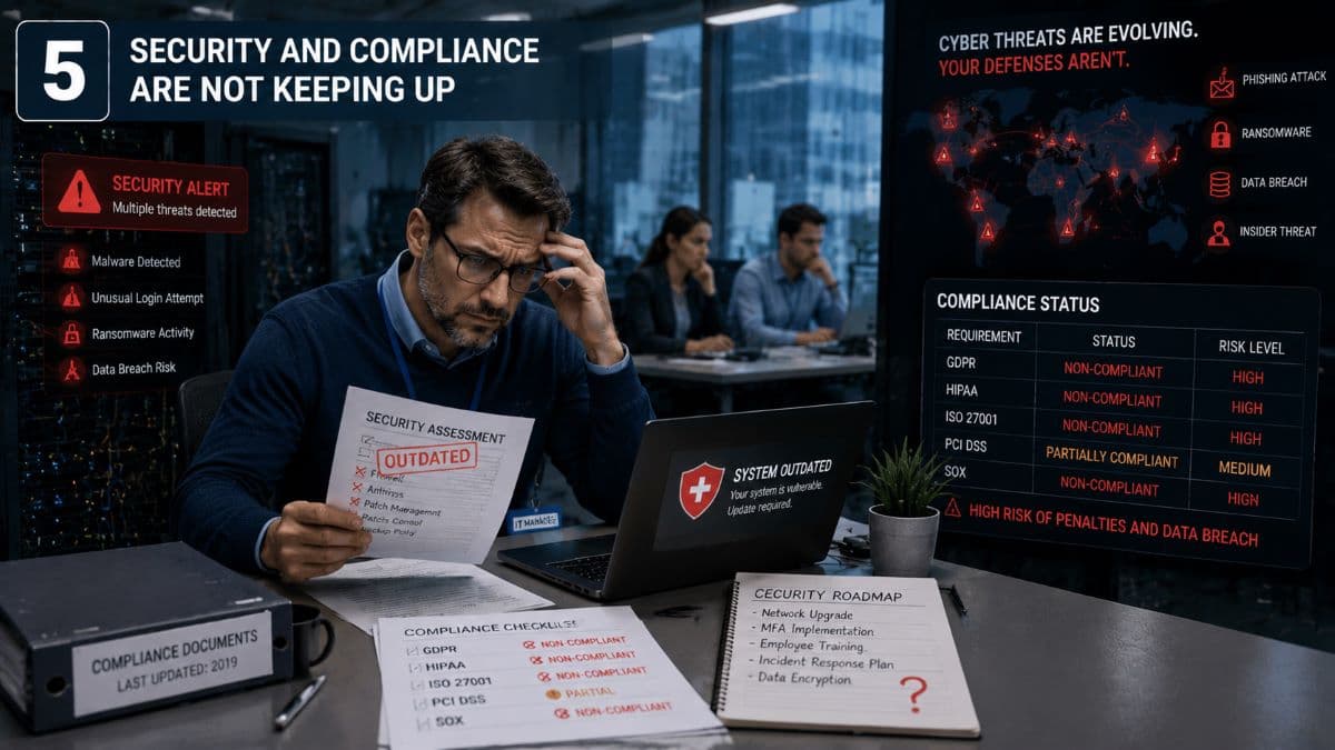 Worried manager reviews outdated cybersecurity systems