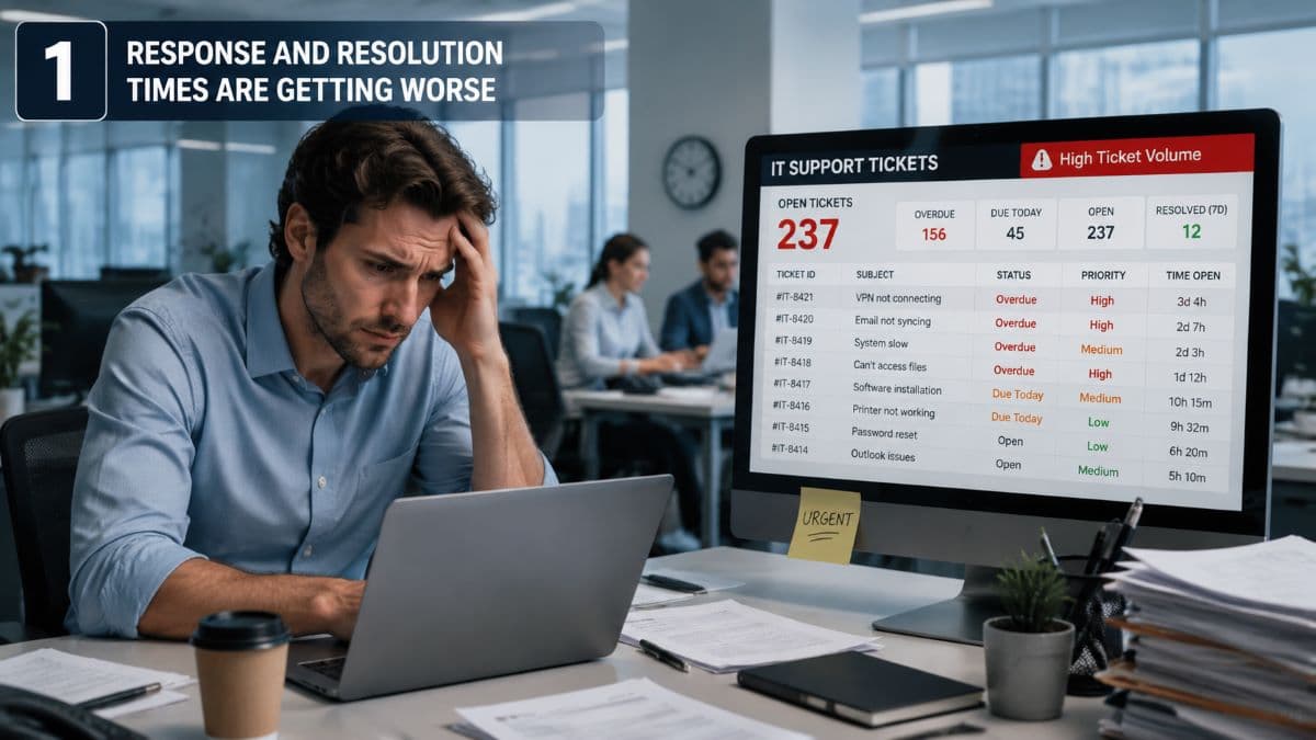 Stressed worker viewing overflowing IT tickets