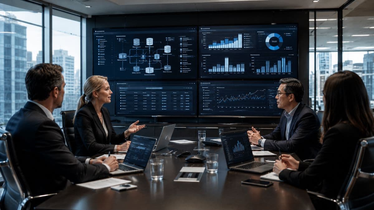 Executive boardroom discussing compliance dashboards