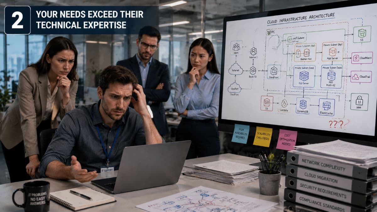 Confused technician faces complex cloud diagrams