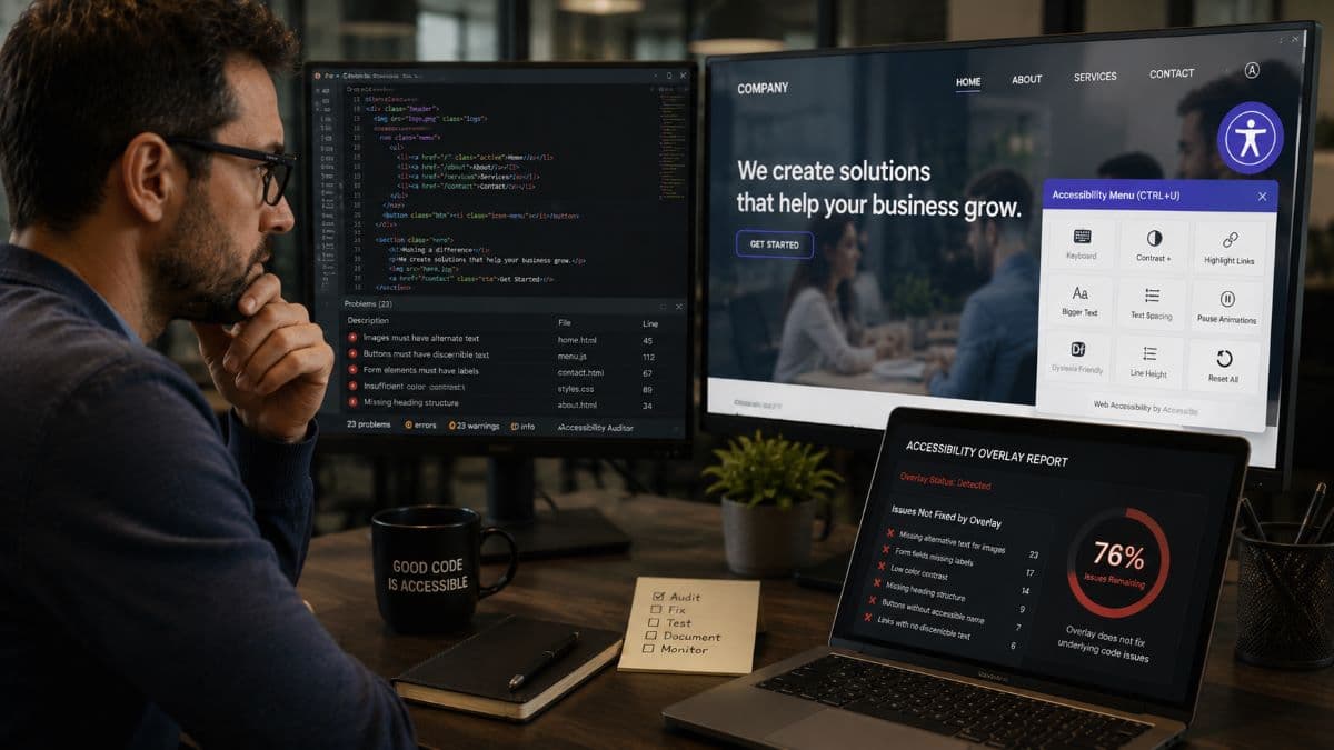 Developer reviewing ineffective accessibility overlay widget issues