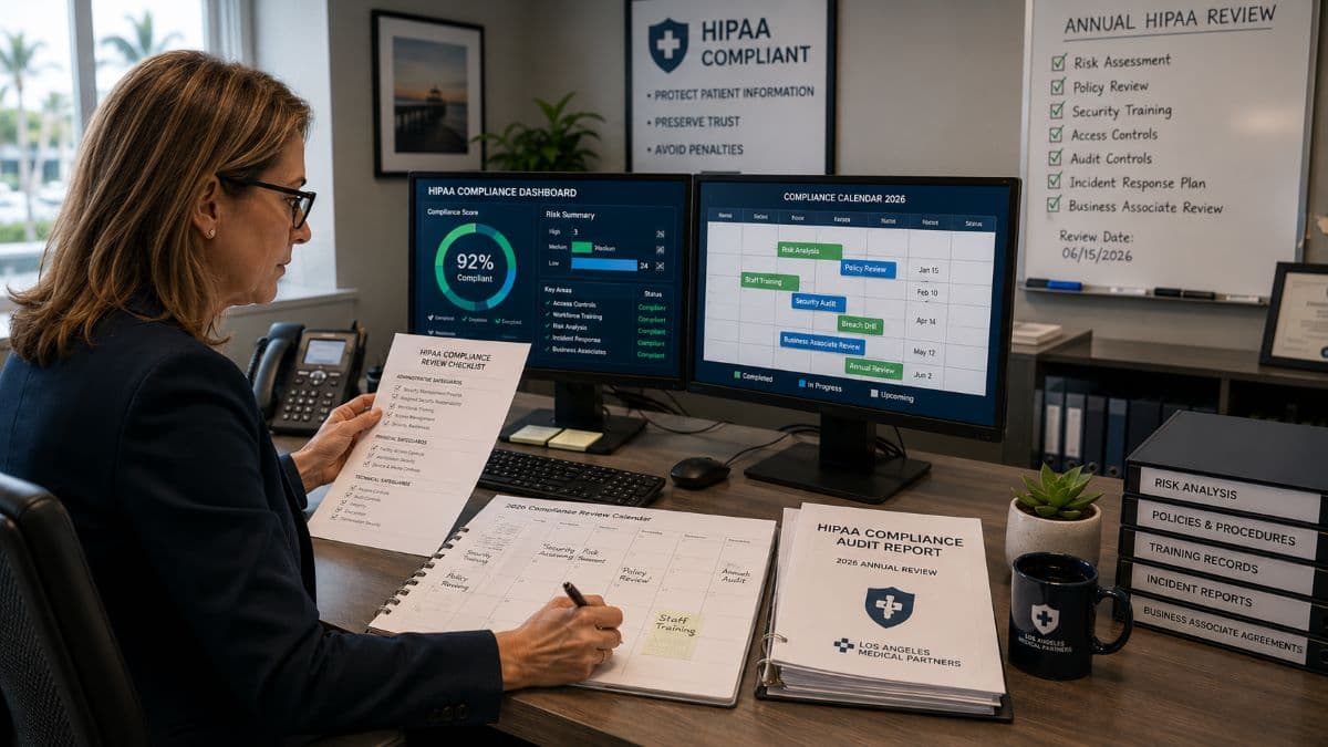 Healthcare administrator conducting annual HIPAA compliance review