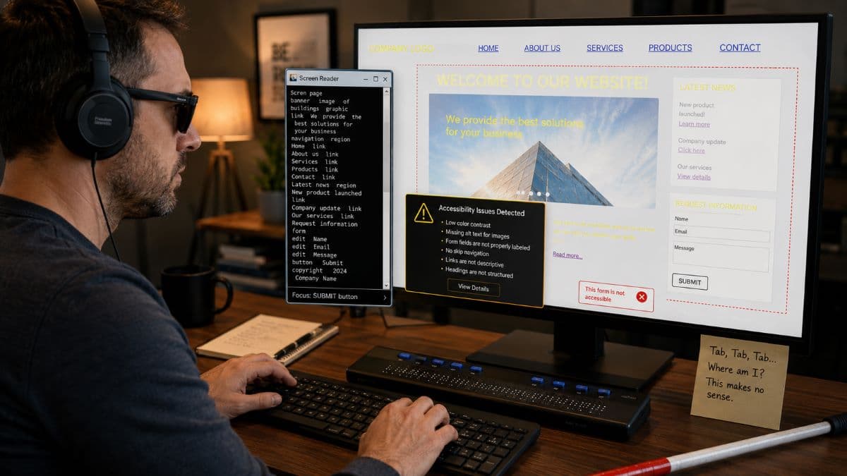 Visually impaired user struggling with inaccessible website navigation