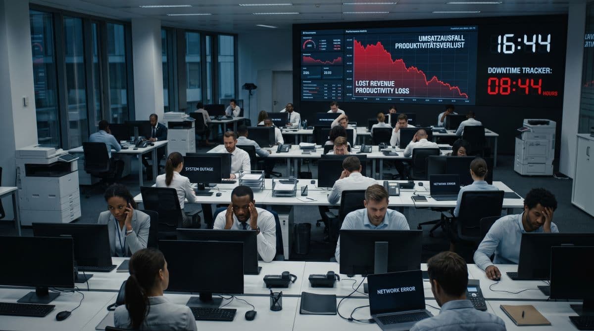 Frustrated employees during corporate IT outage.