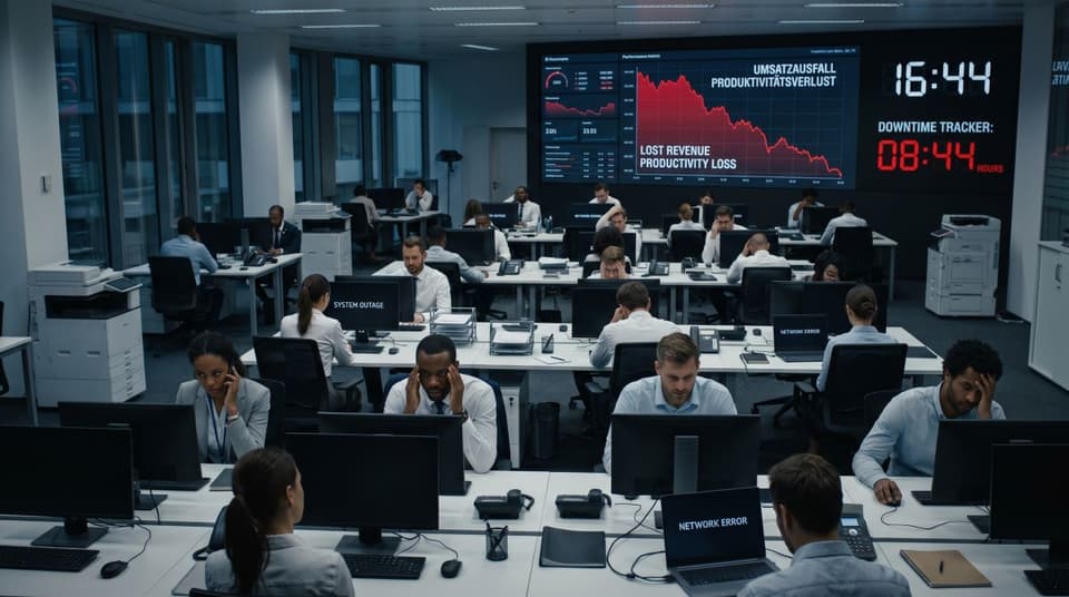 Frustrated employees during corporate IT outage.
