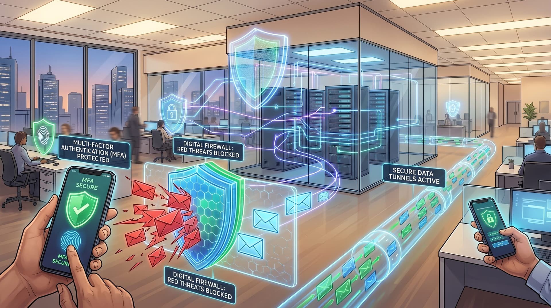 Corporate network protected by MFA and firewalls