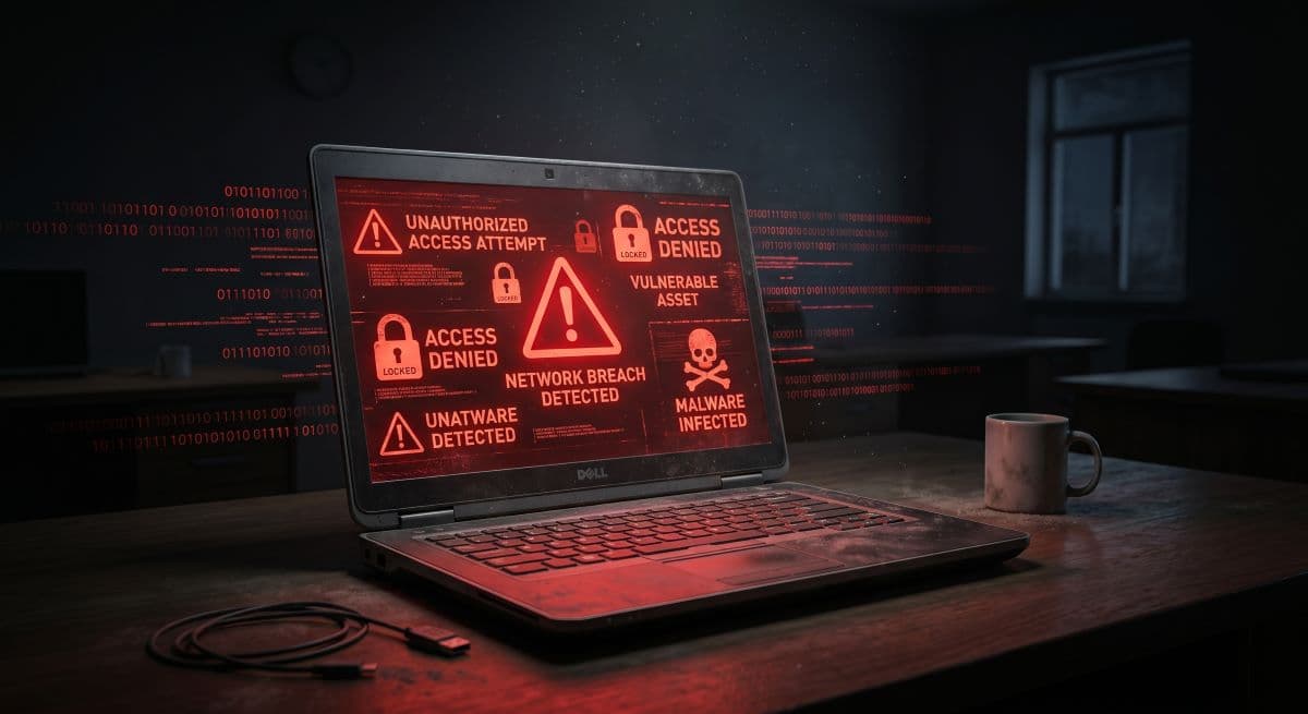 Abandoned laptop showing red cybersecurity threat warnings on the screen.
