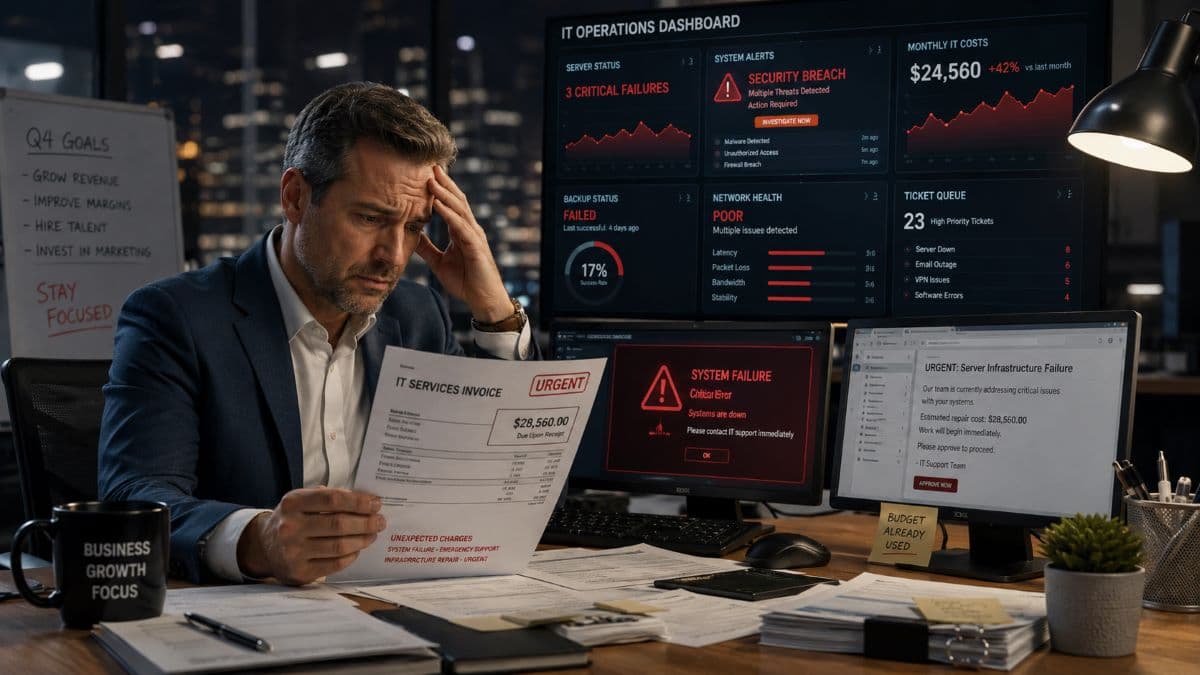 Stressed business owner reviewing unexpected IT costs