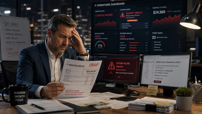 Stressed business owner reviewing unexpected IT costs