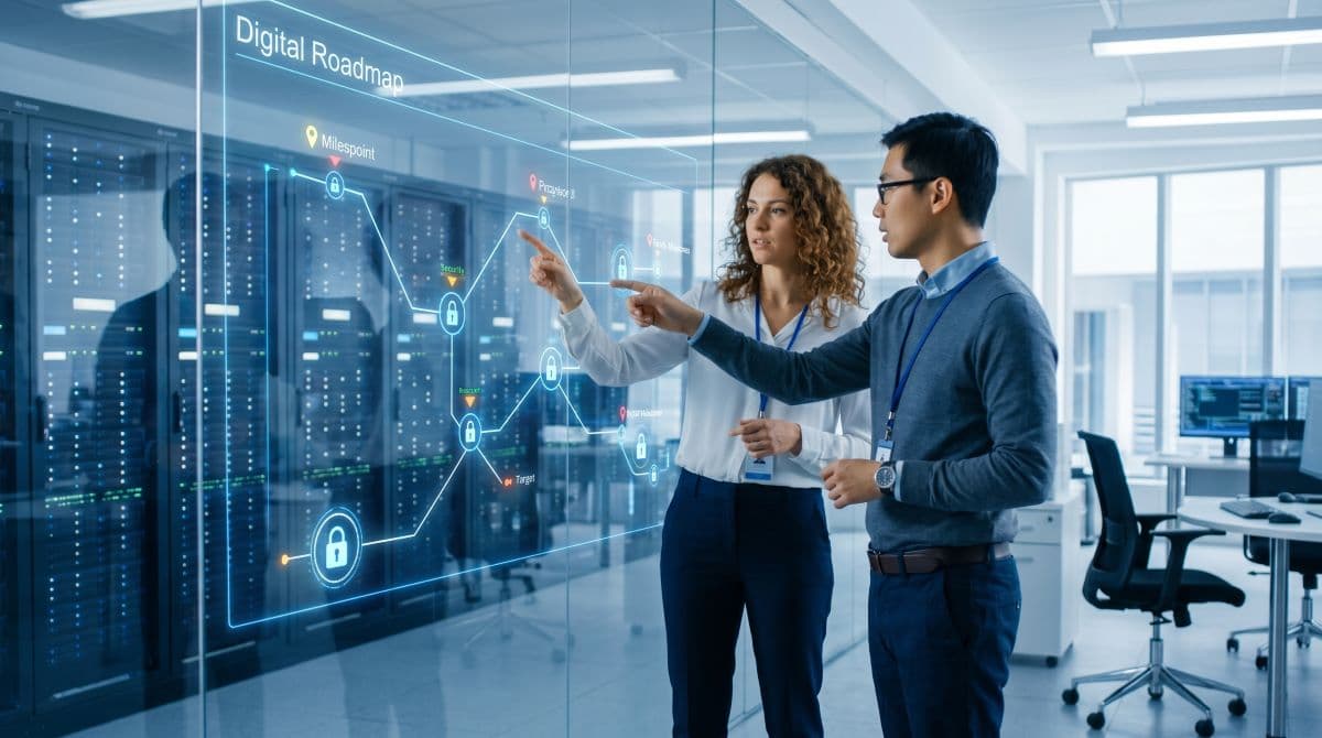 IT team analyzing compliance roadmap.