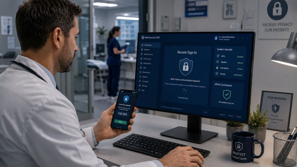 Doctor using MFA for secure patient access