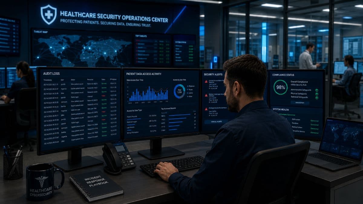 Healthcare cybersecurity audit logs monitoring center dashboard