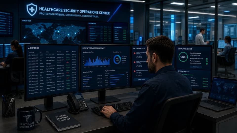 Healthcare cybersecurity audit logs monitoring center dashboard