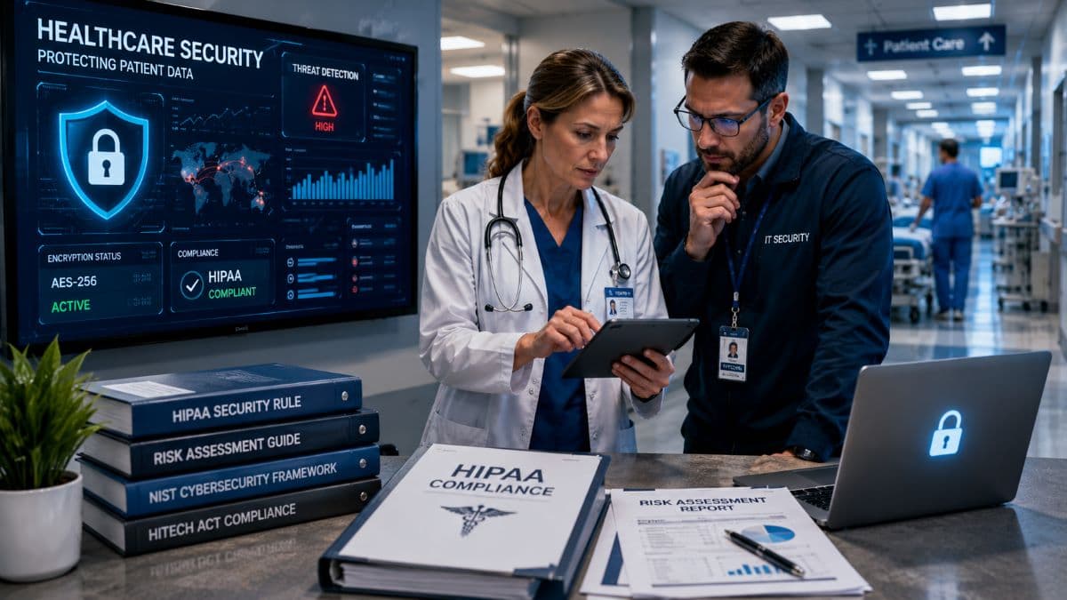 Healthcare executives discussing cybersecurity compliance and risk assessment