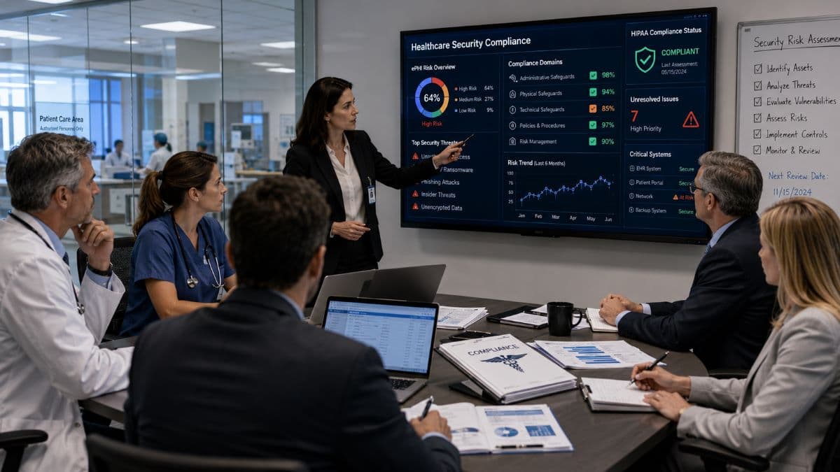 Cybersecurity analyst monitoring healthcare security risk assessment process