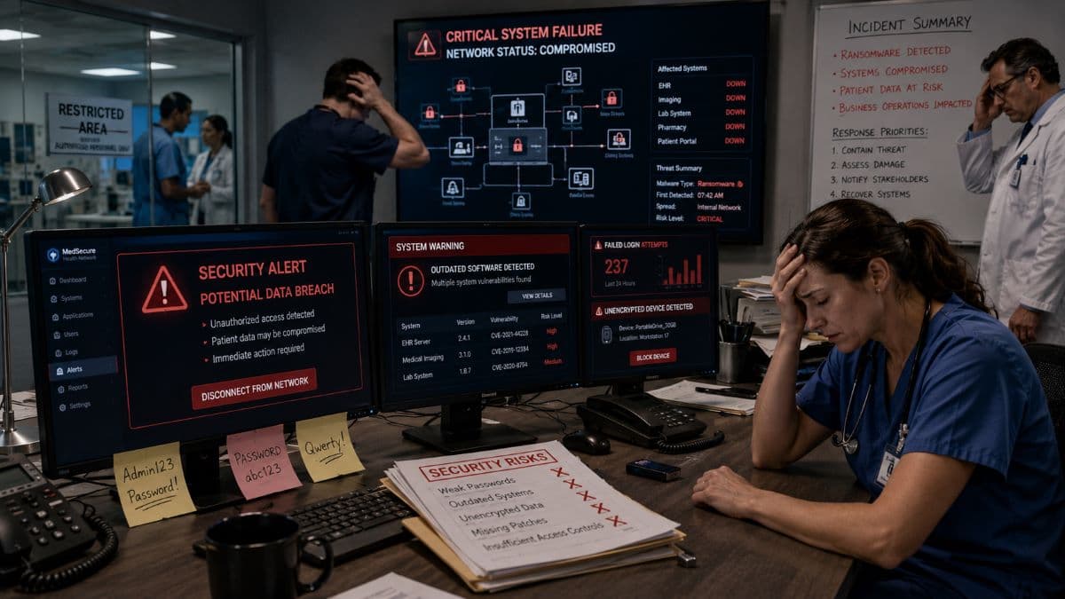 Healthcare cybersecurity team implementing secure patient data protection