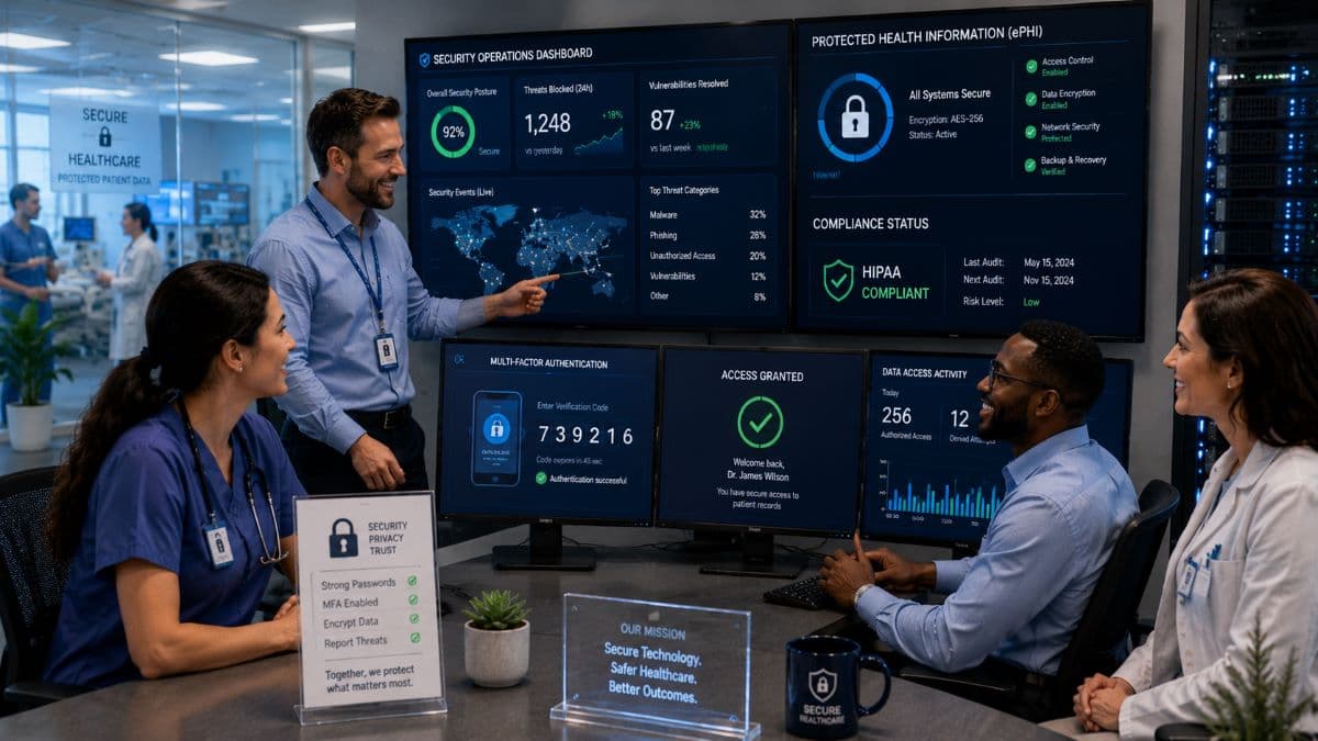 Healthcare security professionals collaborating around cybersecurity