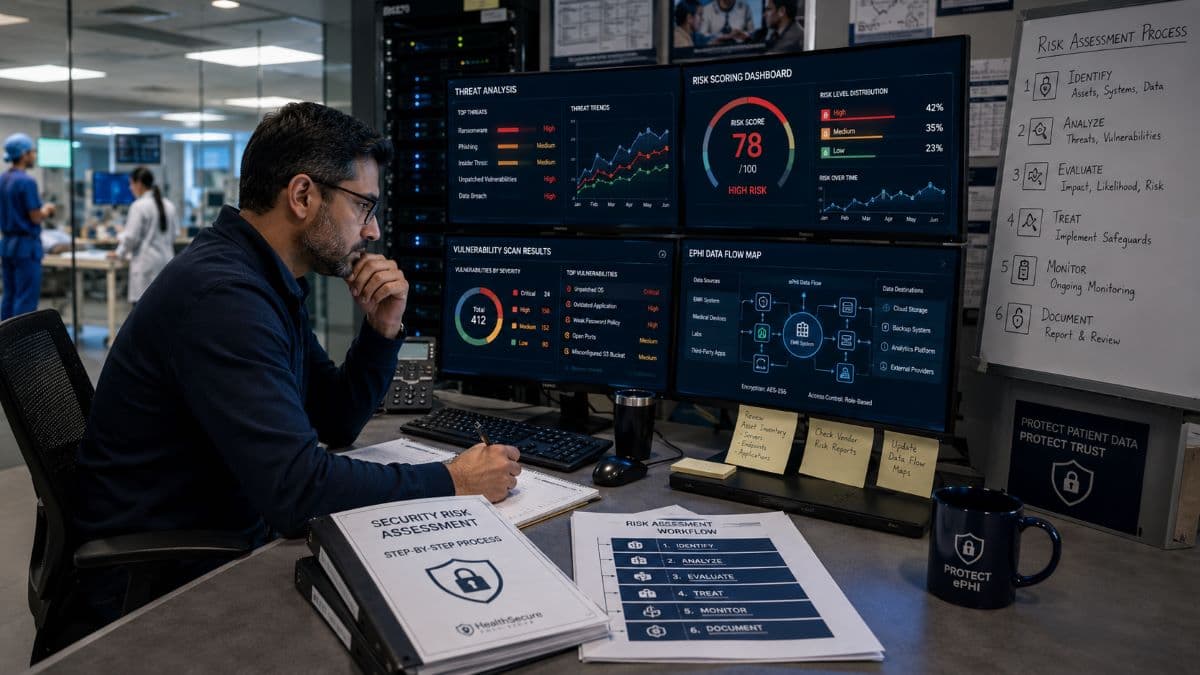 Healthcare IT team reviewing cybersecurity monitoring and audit schedules