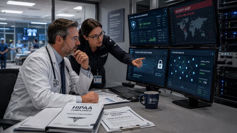 Healthcare cybersecurity team reviewing patient data security dashboard