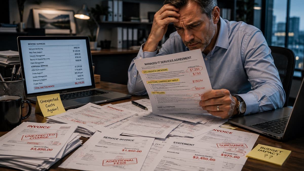Business owner reviewing hidden managed IT contract fees