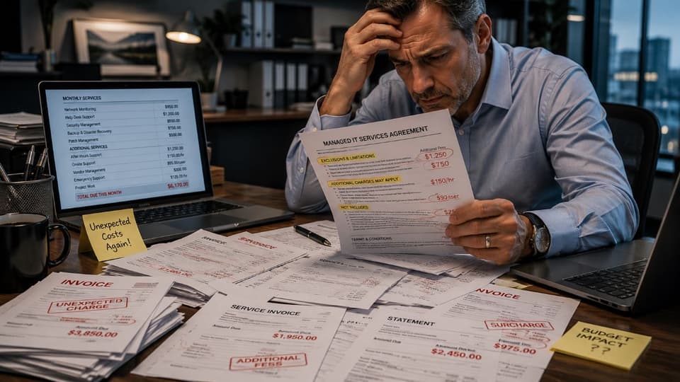 Business owner reviewing hidden managed IT contract fees