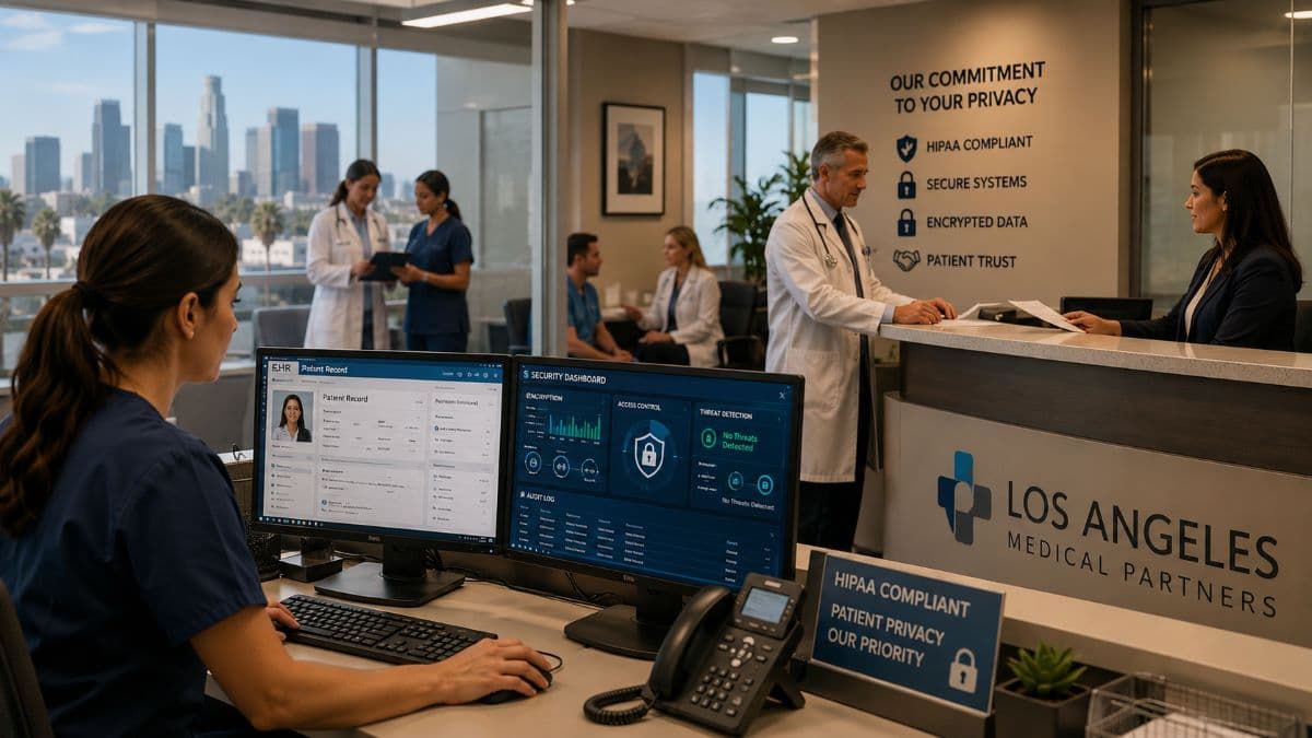 Modern healthcare office with HIPAA cybersecurity systems