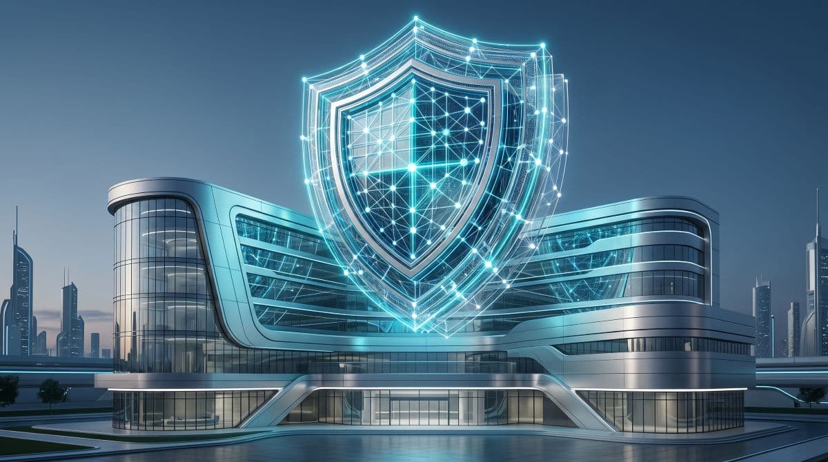 HITRUST digital shield over hospital.