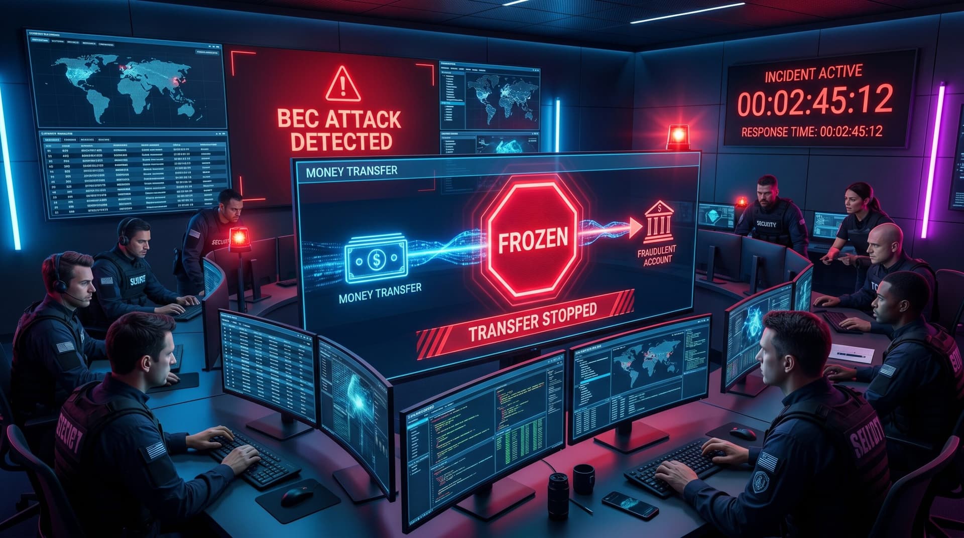 IT team stopping a fraudulent money transfer