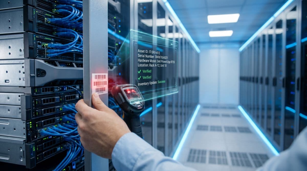 IT professional scanning a server barcode with a digital tracking overlay.