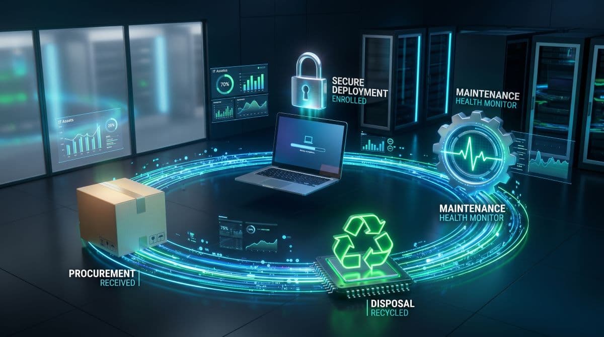 3D illustration showing the IT asset lifecycle from procurement to recycling.