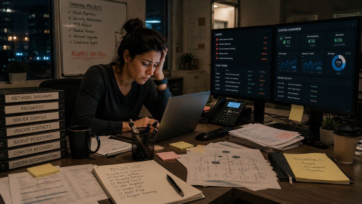 Overworked IT employee working late alone