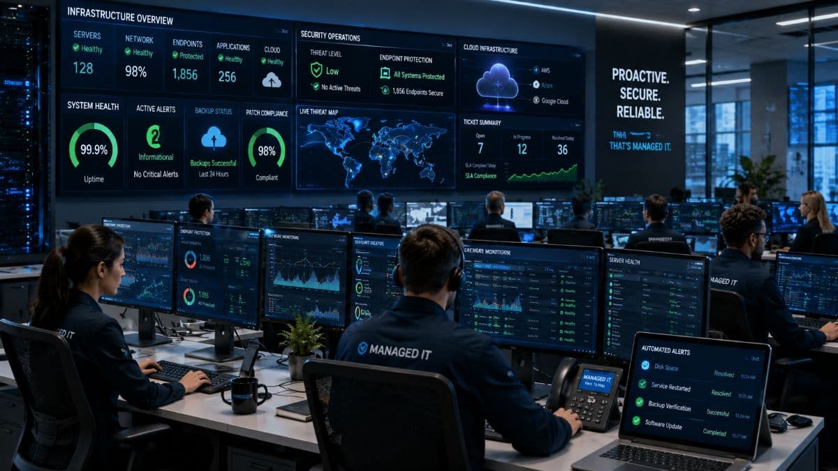 Modern managed IT operations center with proactive monitoring