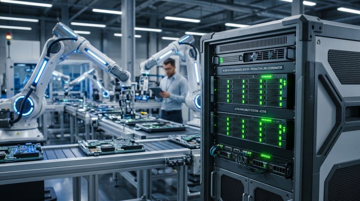 Industrial server managing automated assembly line.