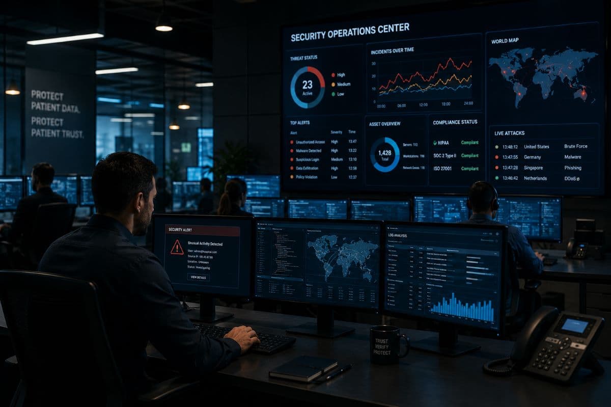 Cybersecurity operations center monitoring healthcare data protection
