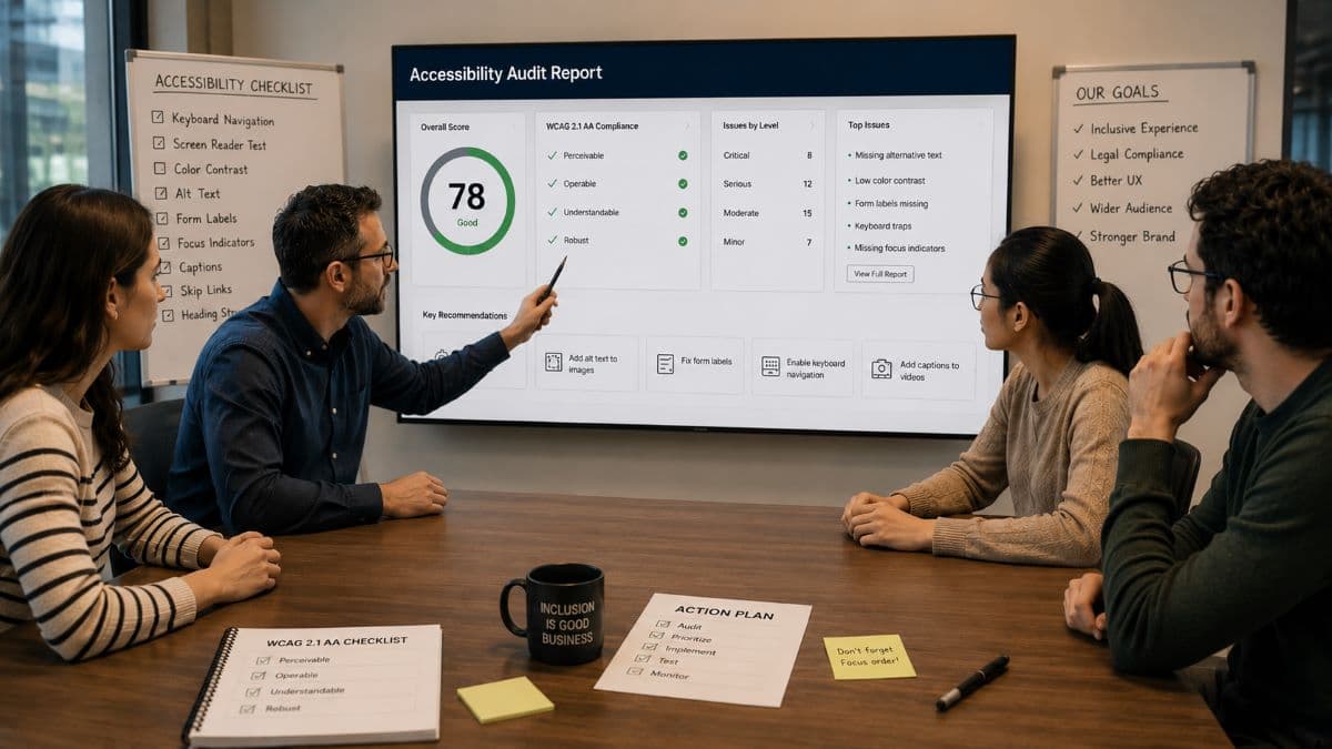 Team collaborating on website accessibility compliance improvements