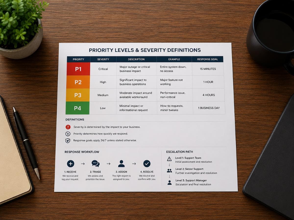 Priority levels and severity definitions SLA chart