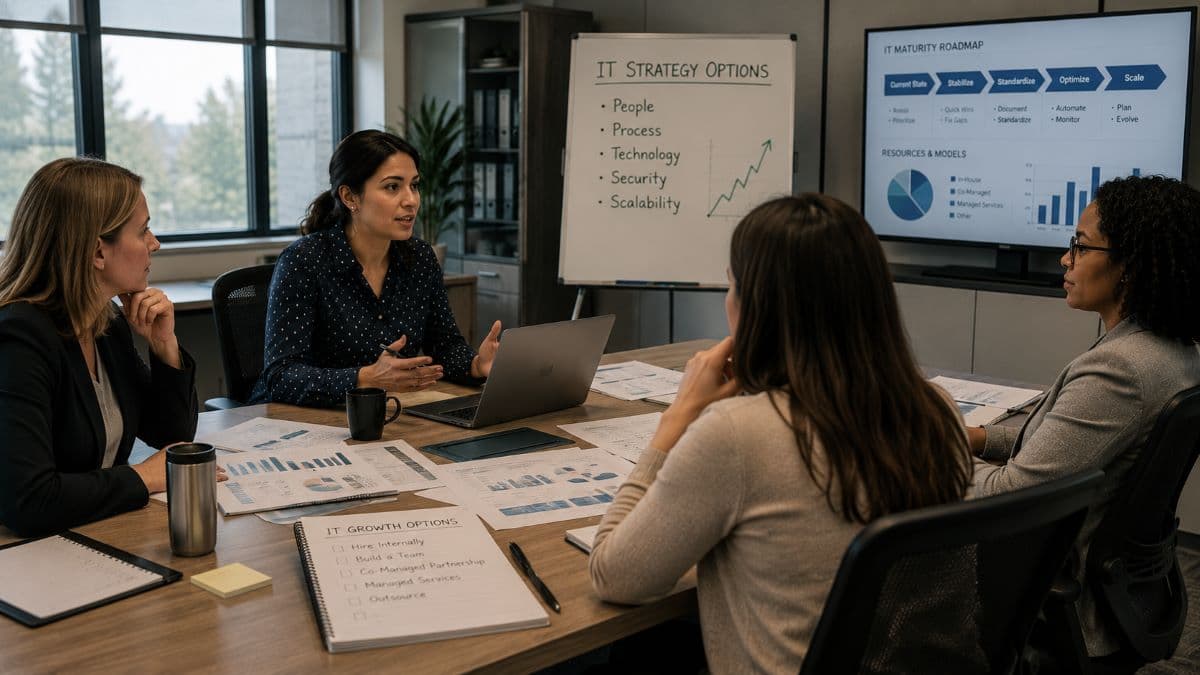Team discussing future IT growth strategy