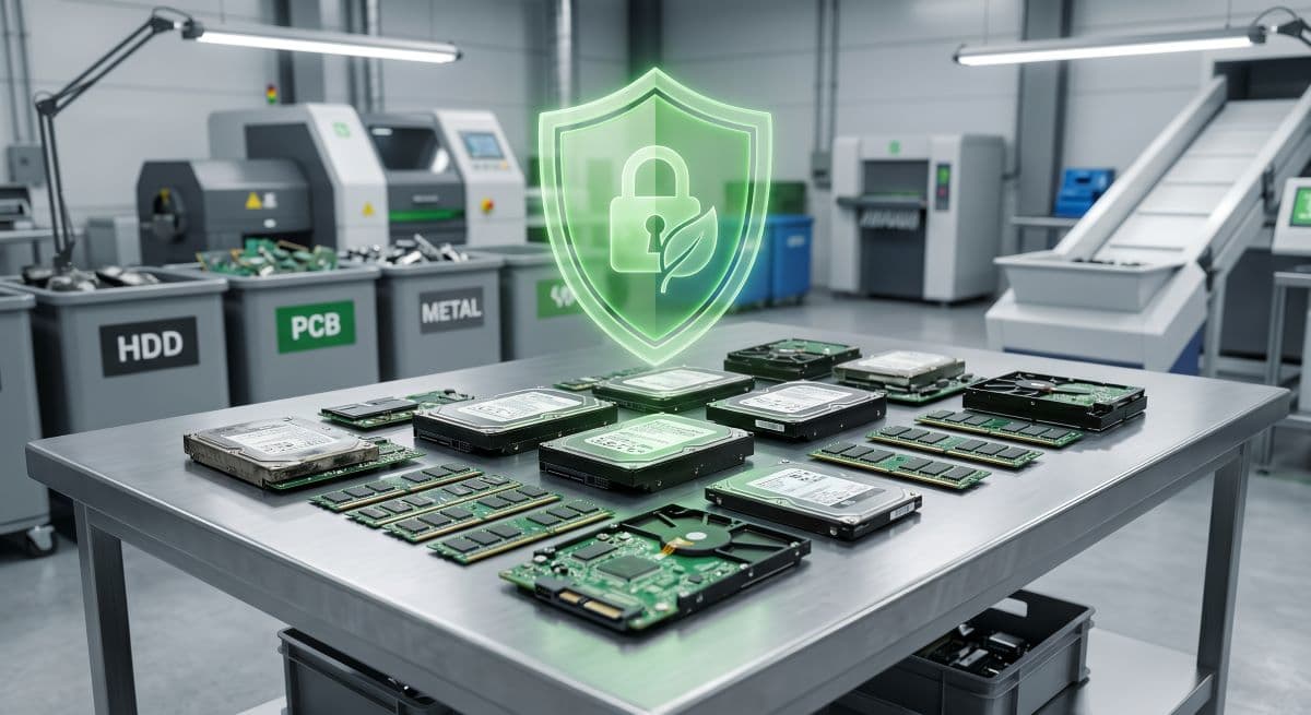 Hard drives and circuit boards prepared for secure e-waste recycling.