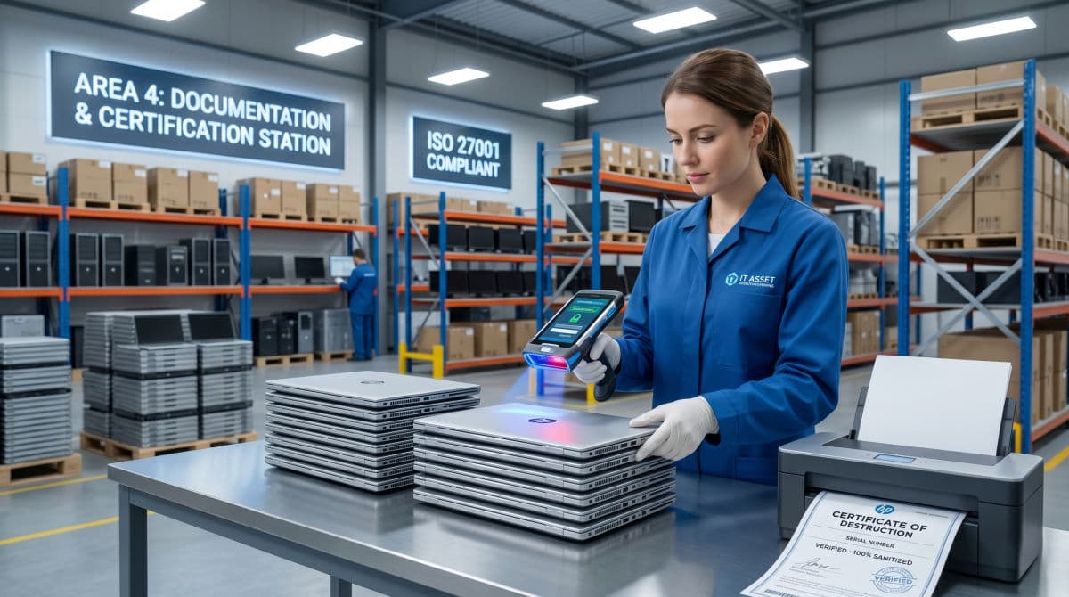 IT technician scanning retired company laptops