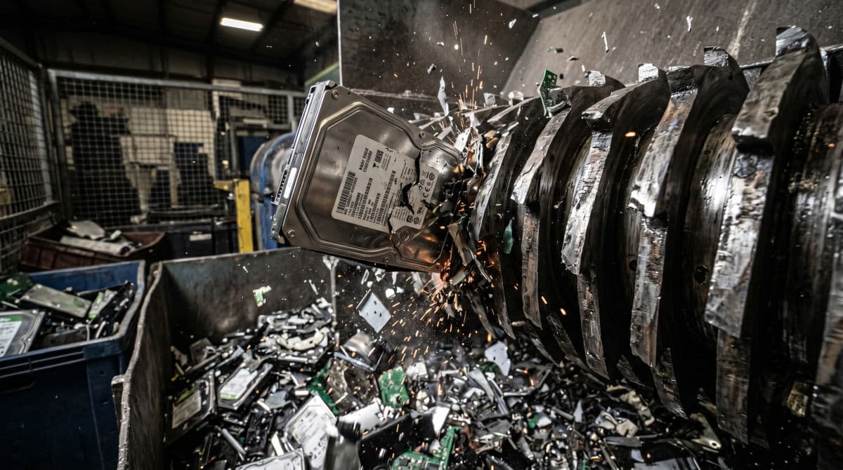 Industrial machine shredding server hard drives