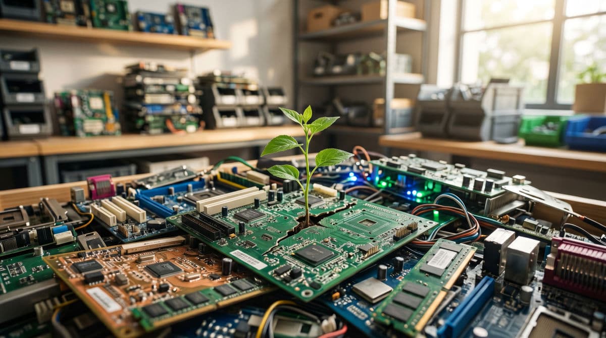Green plant growing from recycled motherboards