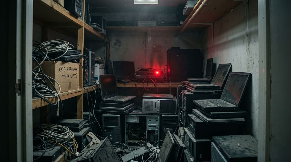 Dusty storage closet with old computers