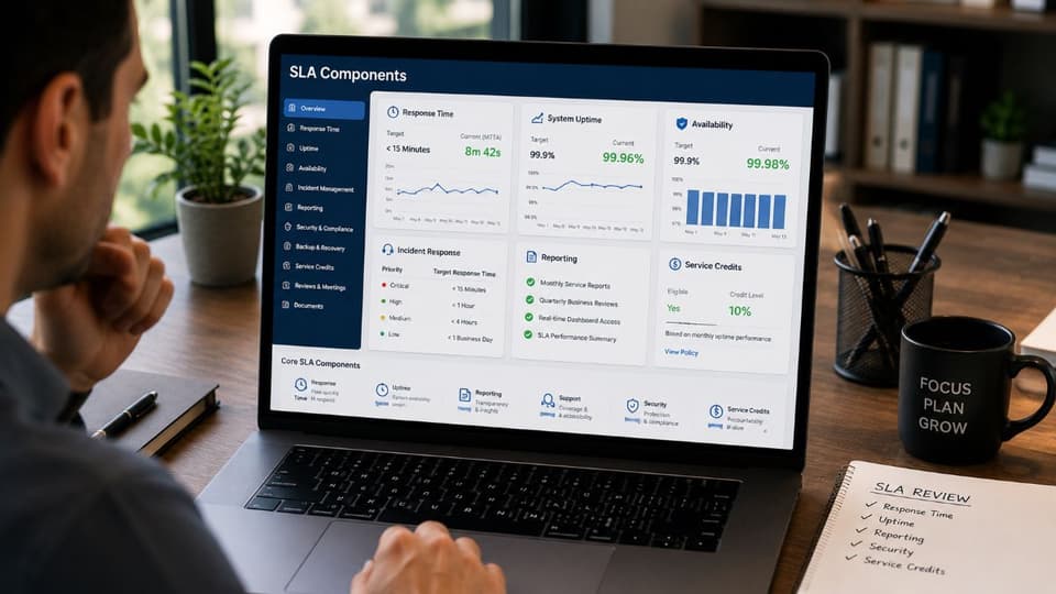 SLA dashboard showing key service performance metrics