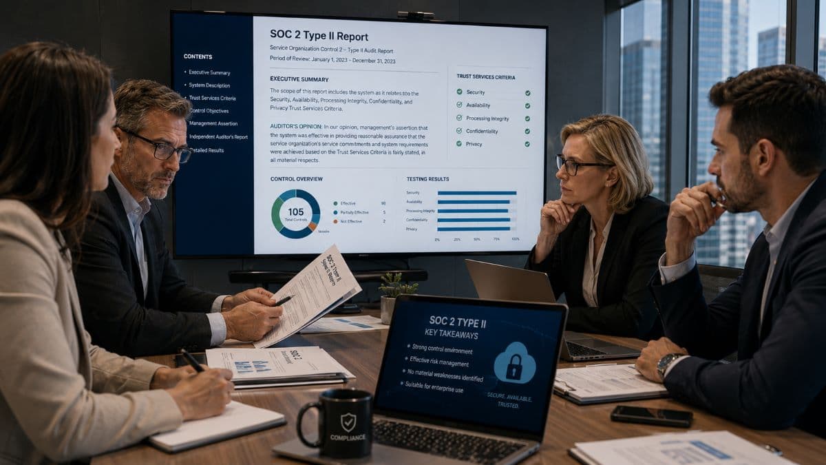 Executives reviewing SOC 2 audit compliance report